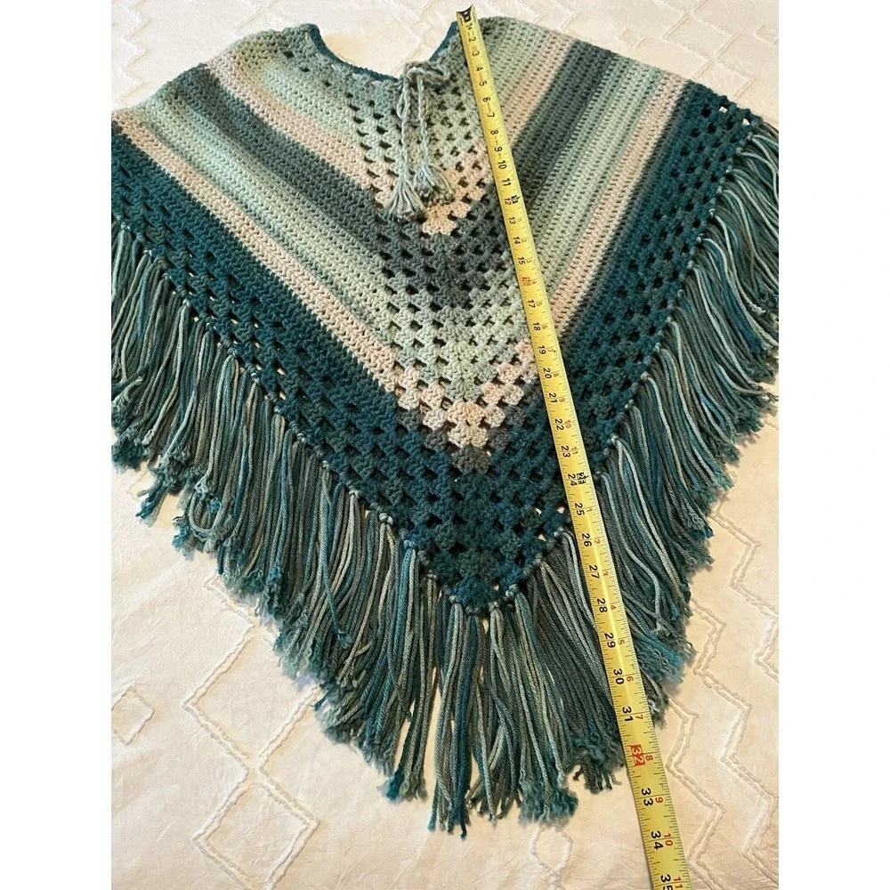 Vintage Handmade Crochet Poncho Fringe Boho Retro Hippie Festival Granny Core